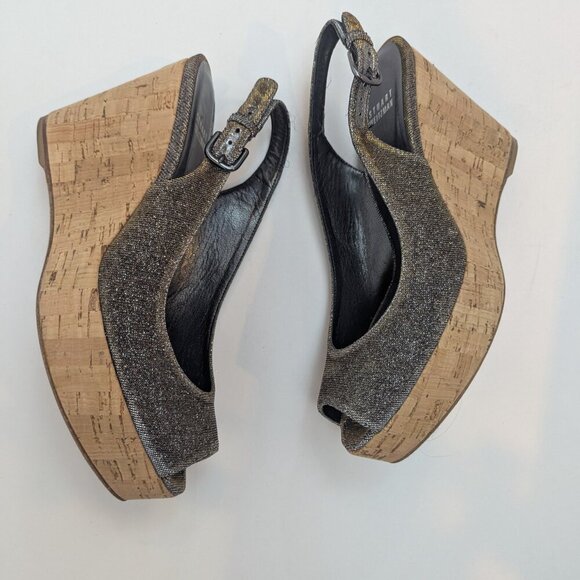 Stuart Weitzman Sparkly Gilver Gold High Wedge Heels, Sz 7.5 - Picture 4 of 4